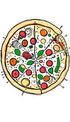 Abstract doodles forming a delicious-looking pizza with various toppings, rendered in a sketchy, vibrant style,  colorful,  sketch