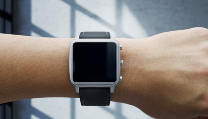A close-up shot of a modern smartwatch with a dark screen on a person's wrist.
