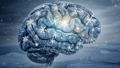 A frosty human brain covered in snowflakes with a glowing light, symbolizing cold thoughts or winter mental states.