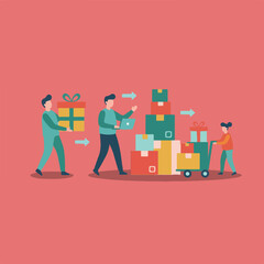 An illustration of two people packing and transporting boxes and presents, and a third person checking the supplies on a computer.