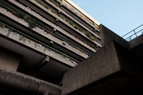 Barbican estate brutalist architecture details with balconies
