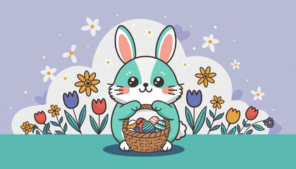A cute cartoon teal and white bunny holding a basket of colorful Easter eggs in a spring flower field.