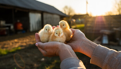 Three fluffy yellow chicks held gently in cupped hands on a farm at golden hour.
