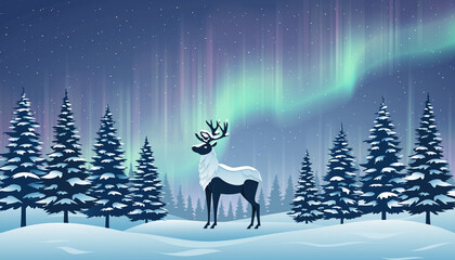 A majestic reindeer stands in a snowy forest under a vibrant display of the Northern Lights, creating a magical winter landscape.