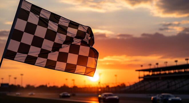 A fluttering checkered flag over sunlit, racing track as cars race toward a glowing horizon at dusk
