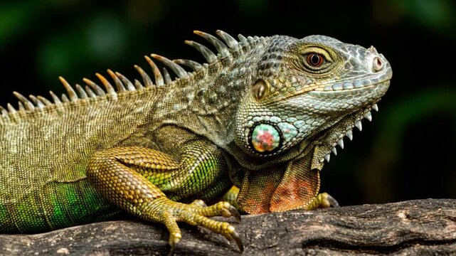 Closeup portrait of a green iguana with detailed scales and spiky crest, resting on a branch