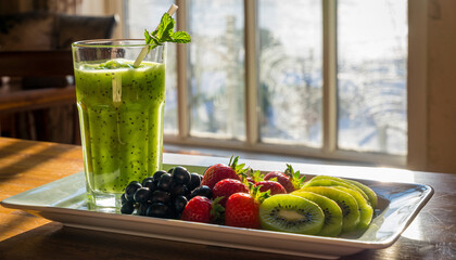 A vibrant green smoothie with fresh mint garnish served alongside a plate of colorful berries and sliced kiwi, set by a sunlit window.