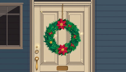 A festive green Christmas wreath adorned with red poinsettias and golden accents hangs on a white front door of a blue house.