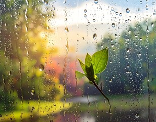 Close-up of raindrops on a window with a green leaf in focus, blurred scene