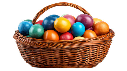 Woven basket full of vibrantly colored Easter eggs