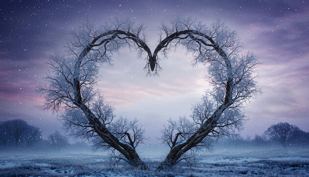 Two frost-covered trees with bare branches forming a perfect heart shape against a mystical purple and blue twilight sky with stars and a misty winter landscape. - Powered by Adobe