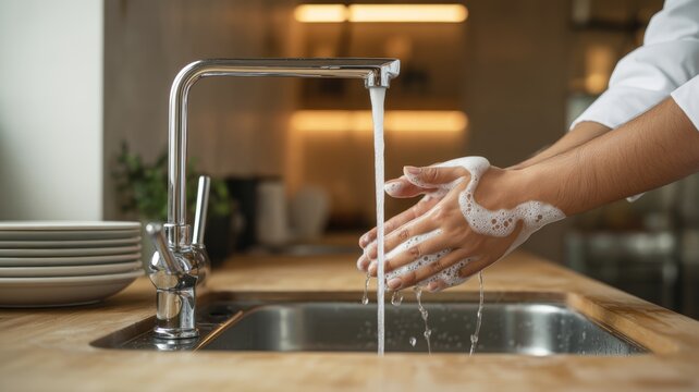 A person's hands  food service worker vigorously washing with soap and water under a flowing, chrome faucet in a stainless steel sink.