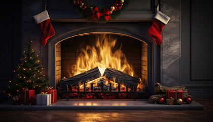 A warm and inviting Christmas fireplace scene with stockings, a decorated tree, and presents.
