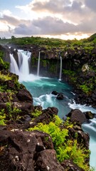 Cascading turquoise waterfall over dark volcanic rocks under a vibrant cloudy sunset sky