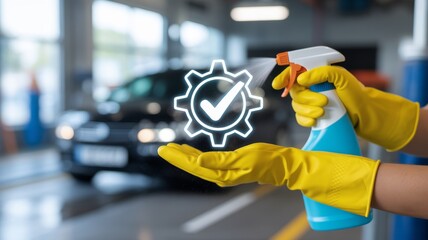 A person gender neutral/unidentifiable face wearing a bright blue cleaning apron over a white shirt and vibrant yellow protective rubber gloves.