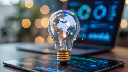 Inside the glass of the light bulb, a bright, clear blue holographic projection of the Earth's globe world map with a grid is visible, replacing the traditional filament.