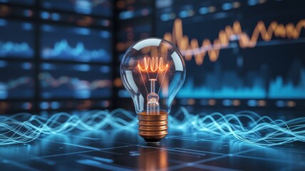 A single glowing incandescent light bulb with a detailed metallic bronze base, standing centrally on a dark, reflective surface marked with a futuristic blue grid.