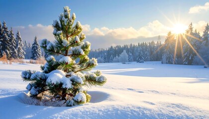 Winter landscape with snow-covered pine tree and forest at sunny day