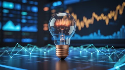 A single glowing incandescent light bulb with a detailed metallic bronze base, standing centrally on a dark, reflective surface marked with a futuristic blue grid.