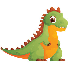 Green cartoon dinosaur with orange belly and spiky back standing on white background