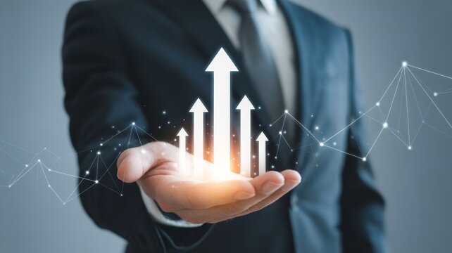 Extending both hands forward, palms open and slightly cupped, creating a protective or presenting gesture around a sophisticated, glowing white bar chart. - Powered by Adobe