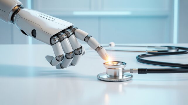 A striking, futuristic close-up shot of a sleek white robotic hand with metallic joint accents, gently touching the diaphragm of a traditional silver stethoscope.