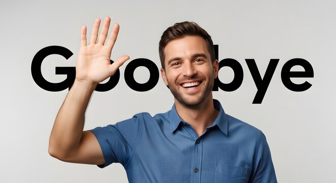 A cheerful man with a beard and a blue shirt is waving goodbye with a friendly smile against a light background