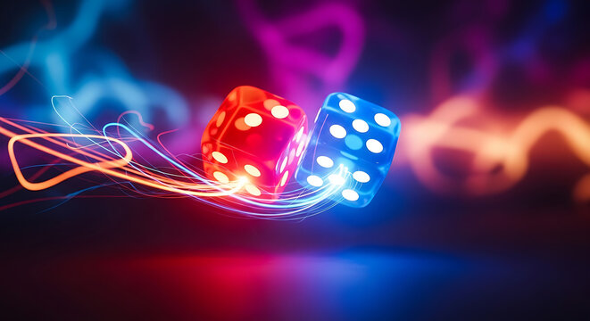 Two glowing dice, red and blue, hover over neon trails under vibrant purple and cyan swirls. Glowing