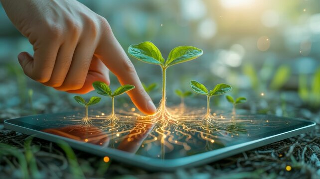 A human finger gently touching the screen of a white digital tablet lying on a vibrant field of lush green grass.