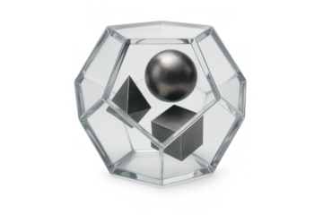 Platonic solids and geometric shapes concept of harmony, balance, and scientific principles encased in a clear dodecahedron