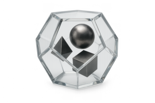 Platonic solids and geometric shapes concept of harmony, balance, and scientific principles encased in a clear dodecahedron