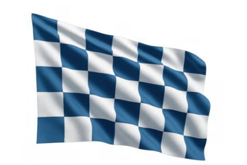 Blue and white checkered flag waving, symbolizing finish line, success, victory, and racing competition on transparent background