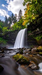 Cascading waterfall amidst autumn foliage and rocky stream in forested landscape