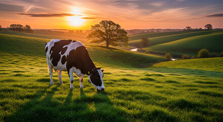 Grazing cow on vibrant green rolling pastures at sunset,  a lone tree anchors the expansive skyline