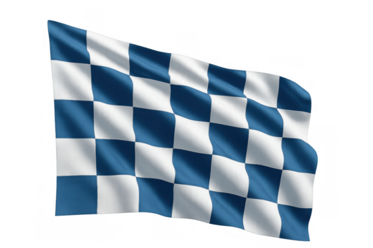 Blue and white checkered flag waving, symbolizing finish line, success, victory, and racing competition on transparent background