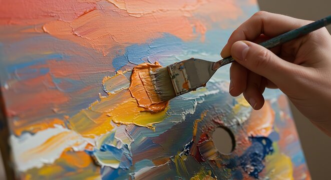 Artist hand holding paintbrush applying orange paint to canvas with colorful abstract painting style
