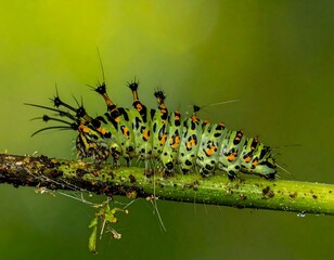 Close-up of a vibrantly colored caterpillar crawling on a green twig