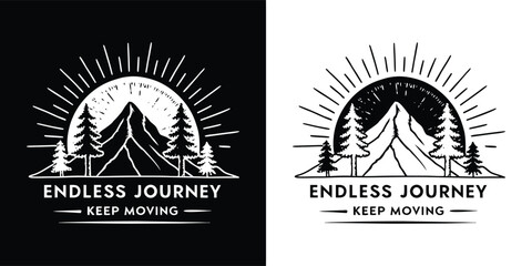 Fototapeta premium Vintage mountain landscape with sunburst and pine trees, featuring the text endless journey keep moving in a retro style