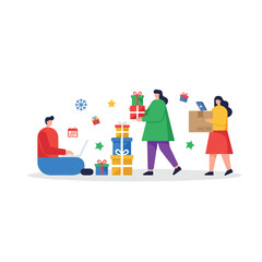 Vector illustration with people shopping online for gifts, a man uses a laptop while two women handle delivery boxes and presents.
