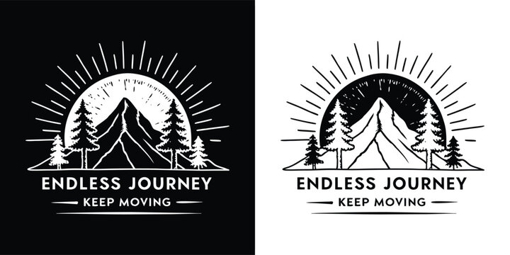 Vintage mountain landscape with sunburst and pine trees, featuring the text endless journey keep moving in a retro style - Powered by Adobe