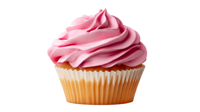 Fluffy pink frosting swirls atop a golden cupcake