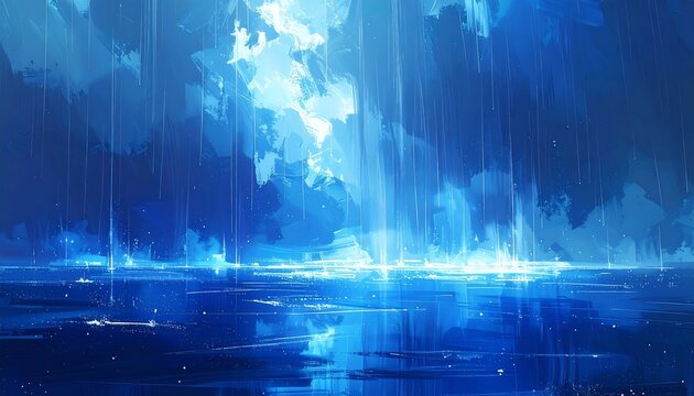 Digital painting of a luminous, watery landscape