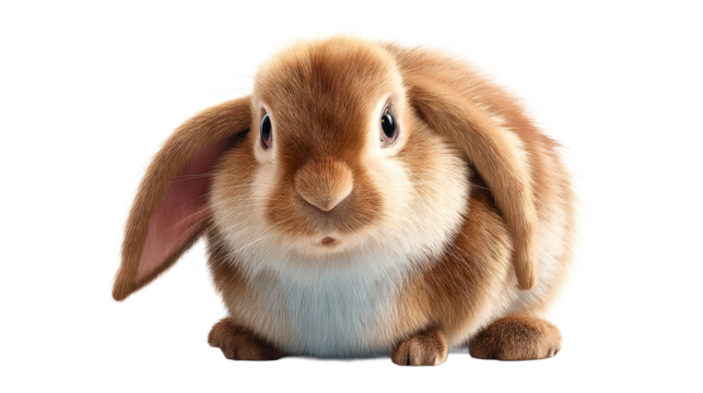 Fluffy bunny rabbit with floppy ears sits near speckled egg