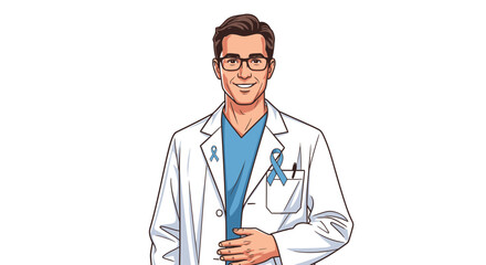 Confident doctor with glasses wearing a white lab coat and blue scrubs, proudly displaying blue awareness ribbons on his chest for health campaigns.