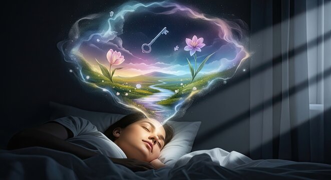 A serene, dreamlike scene with a woman sleeping in a bed, surrounded by a colorful, ethereal cloud with a key and flowers, evoking a sense of tranquility and imagination.