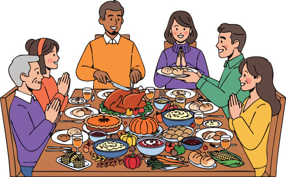 A diverse, multi-generational family gathers around a festive dinner table for a Thanksgiving holiday meal.