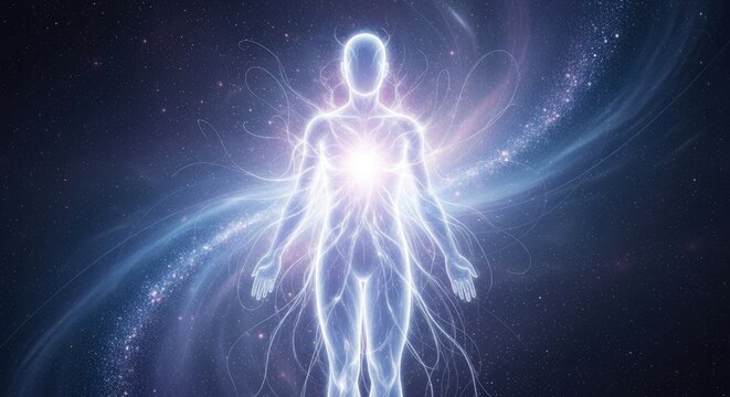 A human figure with glowing energy emanating from their body against a cosmic background.