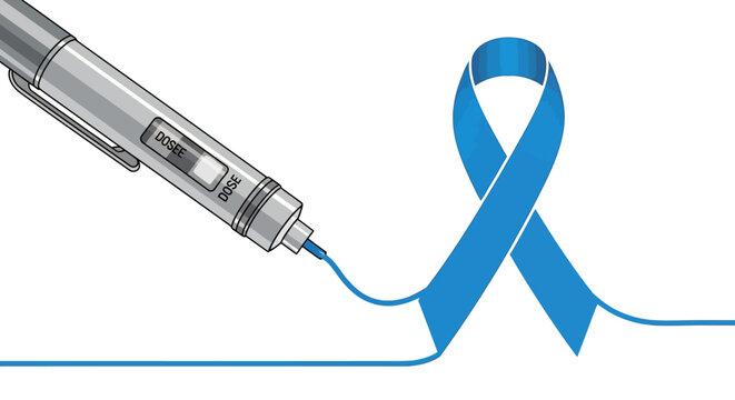 Innovative insulin pen drawing a vibrant blue awareness ribbon, symbolizing hope and medical progress in diabetes care