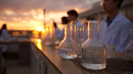 Students conduct scientific experiments at dusk on a rooftop with laboratory glassware illuminated by sunset