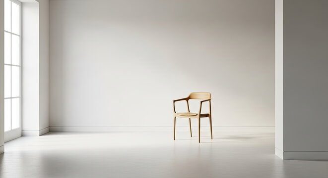 A minimalist, empty room with a wooden chair in the corner. - Powered by Adobe